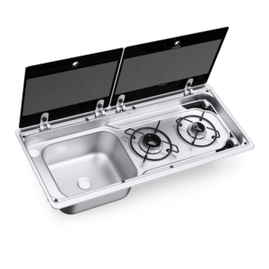 DOMETIC MO9722L, Zestaw 2-palnikowej kuchenki i zlewu, szklane pokrywy (zlew po lewej)